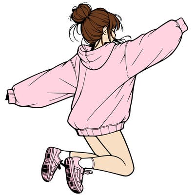 realistic girl jumping with a bun and oversized sweatshirt
