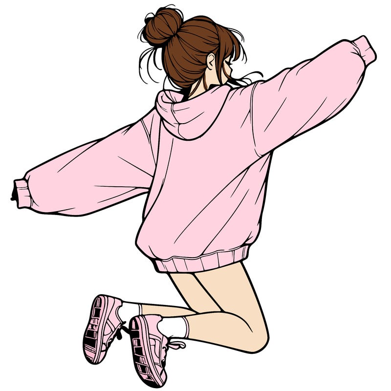 realistic girl jumping with a bun and oversized sweatshirt