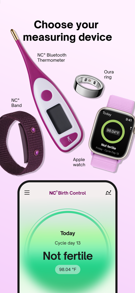 Natural Cycles Fertility App - Interface de l'application Natural Cycles affichant les appareils compatibles comme l'Apple Watch et la bague Oura pour le suivi de la fertilité sans hormones