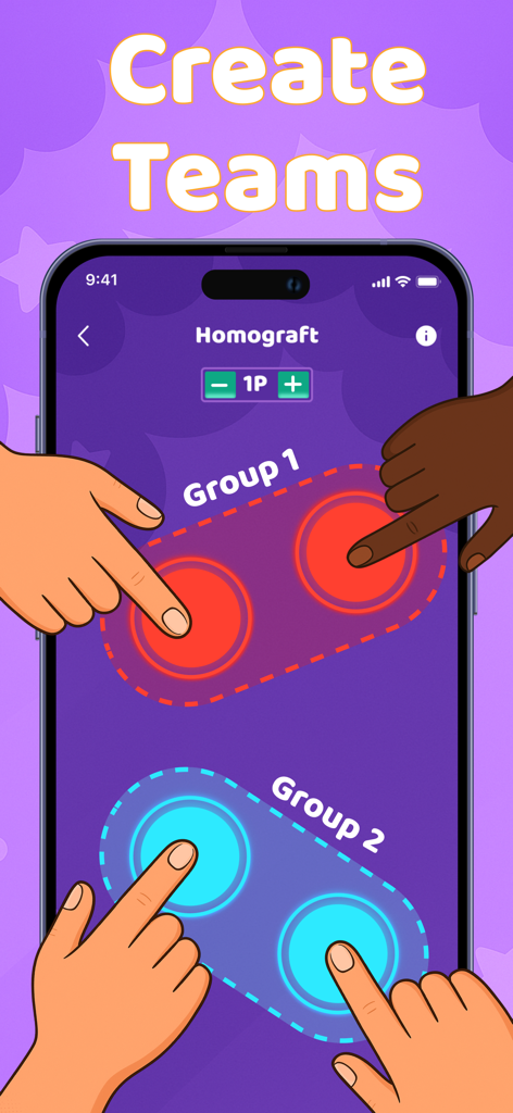 Tela de smartphone com quatro mãos tocando na tela para dividir aleatoriamente em dois grupos.