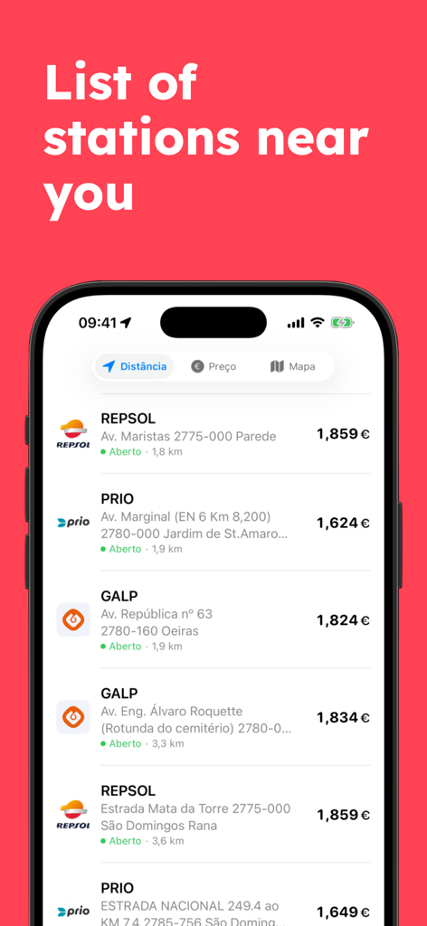 PortuGAS - Fuel Prices PT - Schermata dell'iPhone che mostra un elenco di stazioni di servizio in Portogallo con prezzi e distanze nell'app PortuGAS