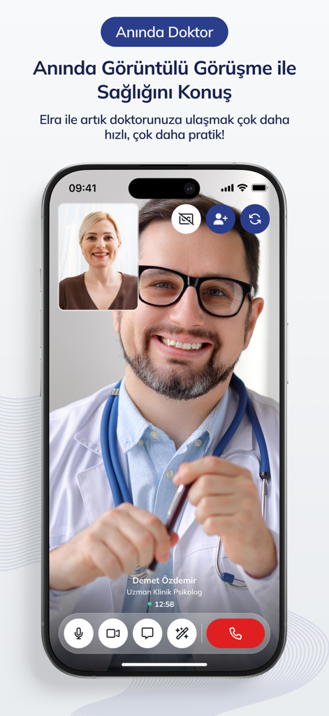 Elra: Sağlık Olsun - Interfaz de la aplicación móvil Elra que muestra una videollamada en vivo con un médico turco.