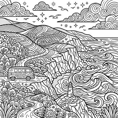 Embark on a vibrant journey with this unique Pop Art Coastal Valleys coloring page, showcasing a charming camper van exploring a scenic coastline. Its bold lines and comic-book aesthetic offer a wonderfully creative and engaging experience for colorists of all ages.