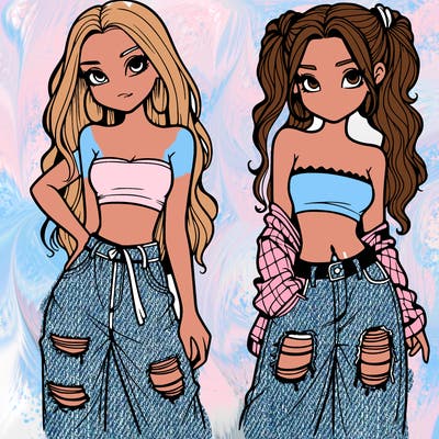 2 girls in crop tops and baggy jeans ripped