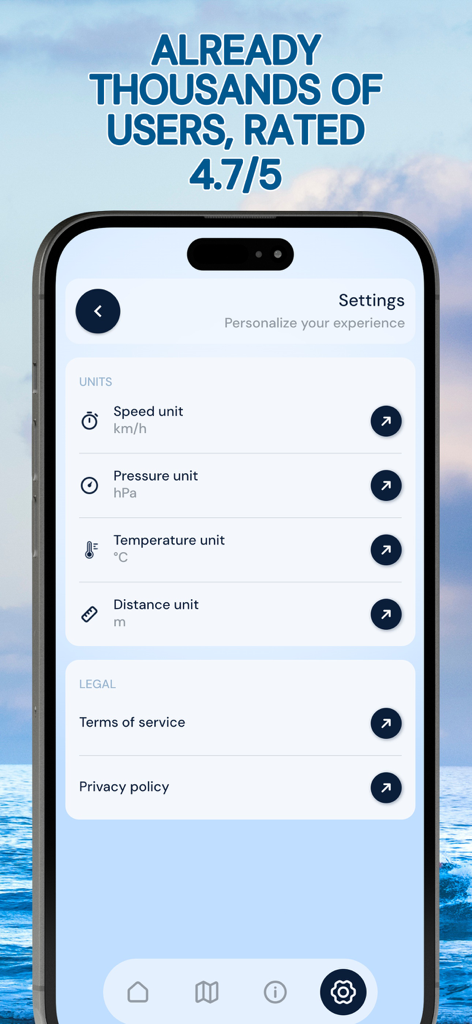Tela de configurações do aplicativo Wind Radar mostrando opções de personalização para unidades de velocidade, pressão e temperatura.