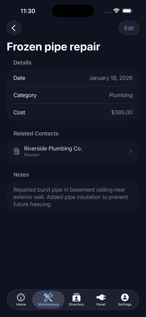FixFolio app interface showing a detailed home repair log for a frozen pipe including cost and contractor information