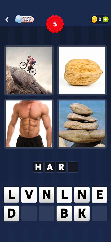 4 Pics 1 Word - 4 Bilder 1 Wort Level mit Bildern eines Radfahrers auf einem felsigen Hügel, einer Walnuss, eines muskulösen Torsos und gestapelten Steinen, die das Wort 'schwer' darstellen