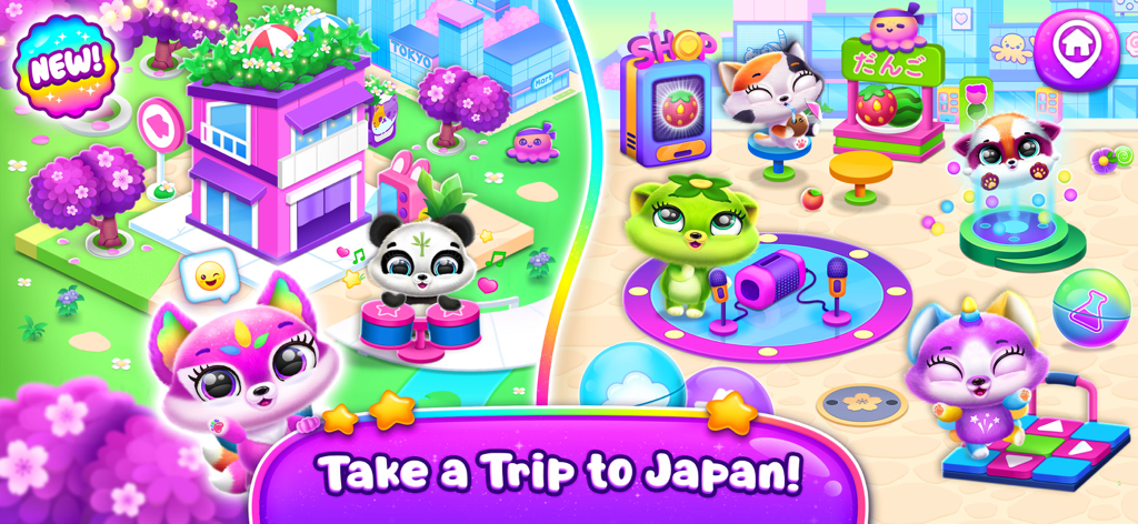 Fluvsies Merge Party - Lindos personajes de Fluvsies tocando música y bailando en un mundo virtual con temática de Japón.