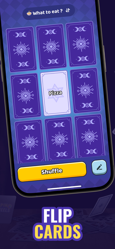 ピザが現れるカードが現れる、何を食べかを決めるためのフリップカード機能が表示されたモバイルアプリインターフェース。