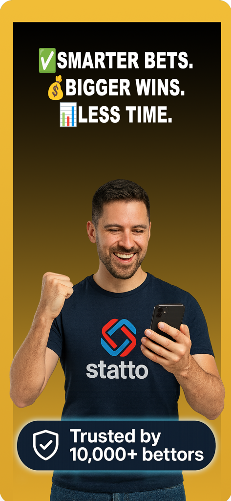 Statto App - Un hombre feliz celebrando apuestas deportivas exitosas mientras usa la aplicación de predicción de IA Statto en su teléfono