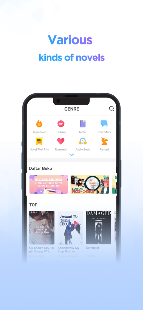 NovelToon App-Oberfläche mit verschiedenen Buchgenres und trendigen Buchcovern.