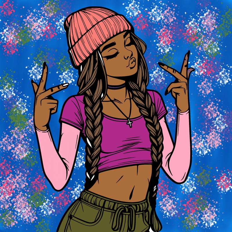 realistic teenage girl with braids and a beanie and crop top doing 🫶🏼