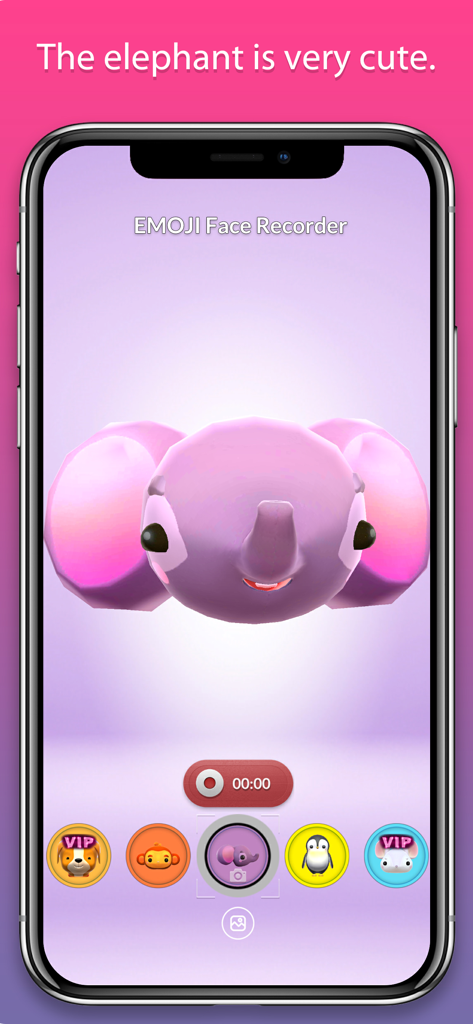A 3D pink elephant emoji being recorded on a smartphone screen within the EMOJI Face Recorder app interface.