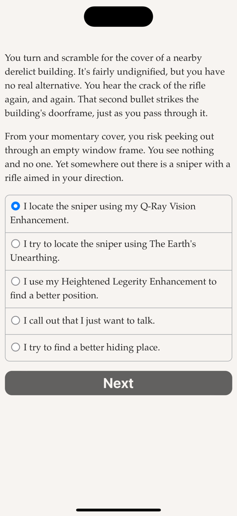 MetaHuman Inc. - A gameplay screen from MetaHuman Inc showing interactive narrative text with multiple choice player options.