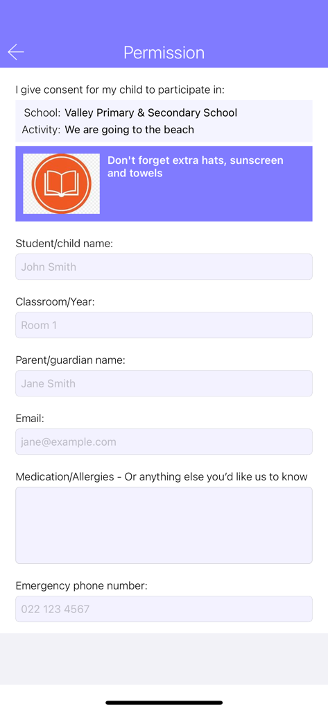 Autorizzazione scolastica digitale per i genitori sull'app Skool Loop
