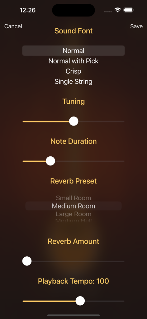 Tingalin (Çifteli and Lahuta) - Settings screen for Tingalin app showing options for sound font tuning and reverb for Albanian lutes