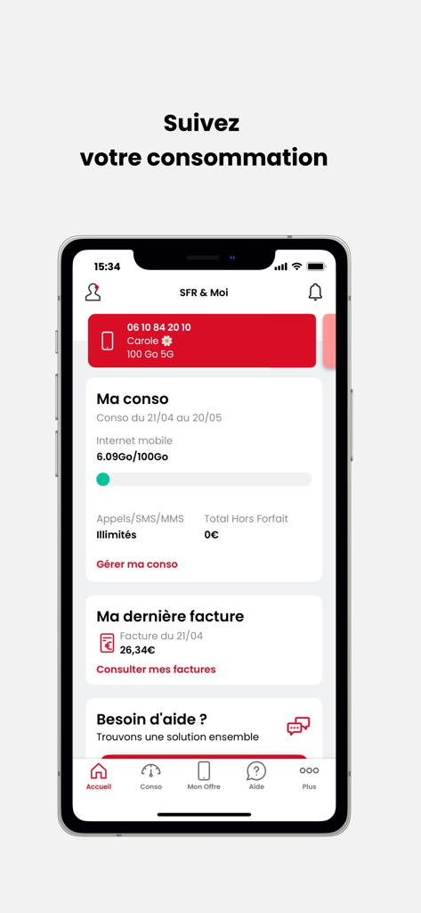 SFR & Moi - SFR and Moi app interface showing mobile data consumption and billing information
