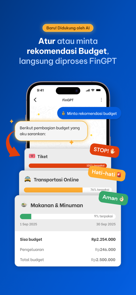 Finku: Budget & Money Manager - Finku app screenshot showing FinGPT AI budget recommendations and categorized expense tracking