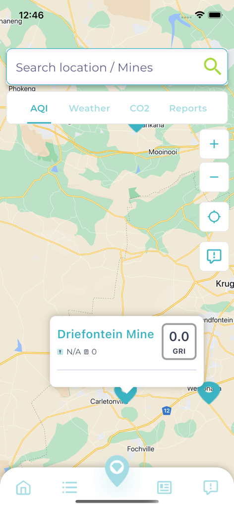AMAP - AMAP interactive map interface showing mining locations and ESG data for Driefontein Mine