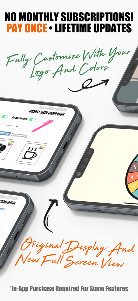 Screenshot of iPrizeWheel HD app displaying campaign customization features logo integration and wheel view options