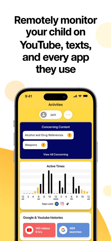 BrightCanary Parental Controls - BrightCanary parental control app dashboard displaying activity alerts for dangerous content and daily usage statistics.