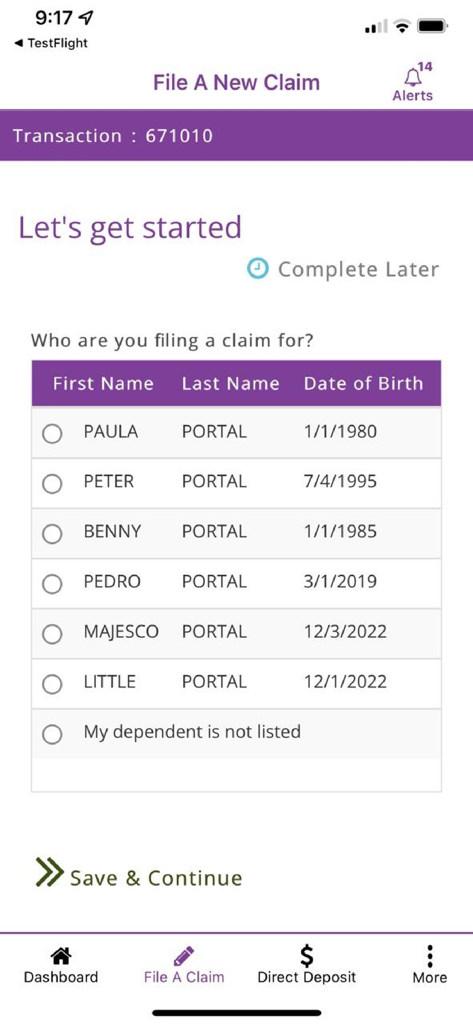 My Aetna Supplemental - Interface of the My Aetna Supplemental app showing a list of family members to select from when starting a new insurance claim