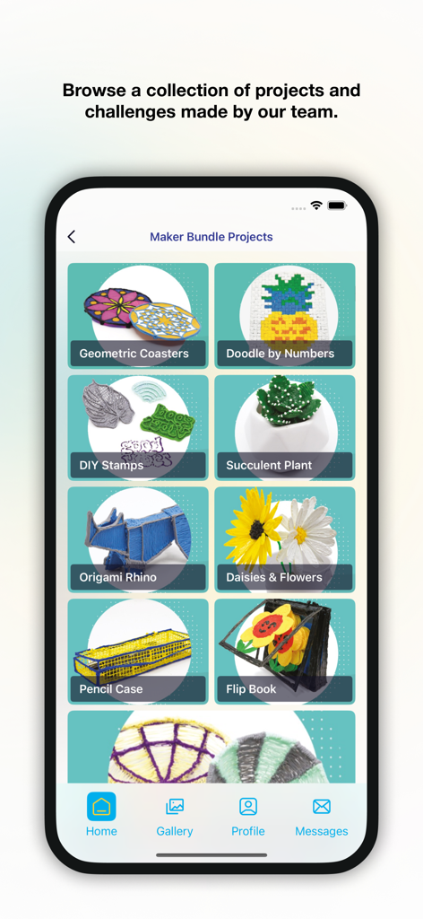 3Doodler - The 3Doodler app interface showing a grid of 3D pen projects including an origami rhino and succulent plant.