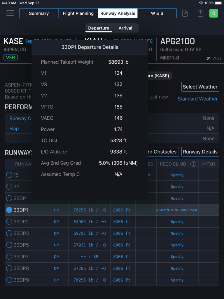 A screenshot of the iPreFlight Genesis app displaying runway analysis and departure performance details for a corporate jet.