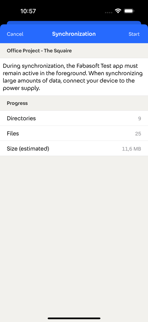 Fabasoft - Oberfläche zeigt den Synchronisierungsfortschritt von Office-Projektdateien in der Fabasoft-App