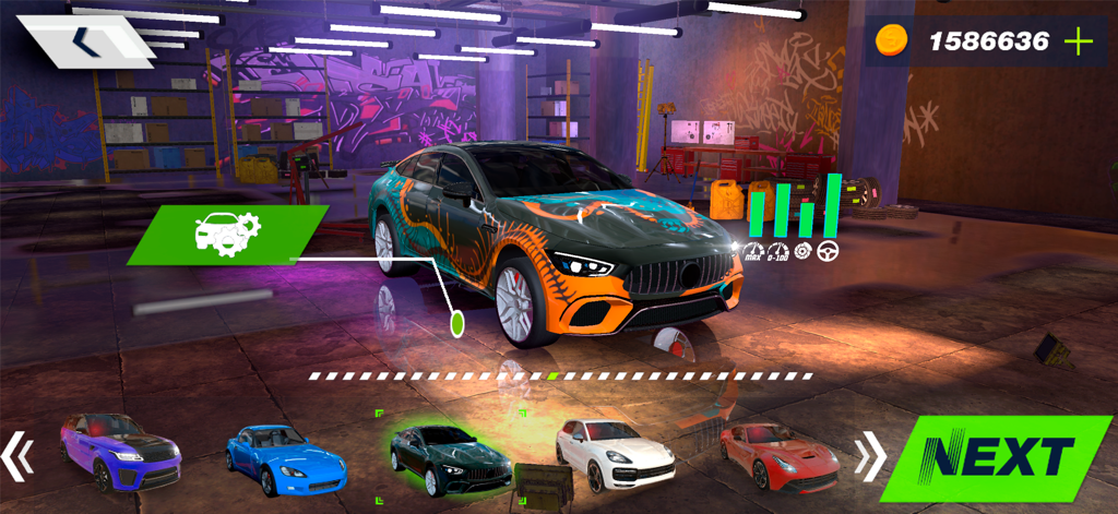 Street Racing: Car Battle - Car customization screen in Street Racing Car Battle showing a sports car in a garage with performance stats and upgrade icons