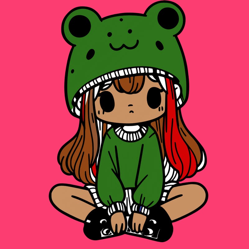 a girl wearing a frog hat and some frog socks