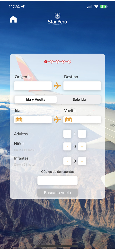 예약 옵션을 보여주는 모바일 앱의 Star Peru 항공편 검색 인터페이스
