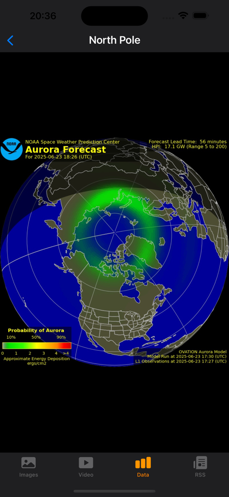 Solar Activity - Aurora forecast map for the North Pole showing solar activity probability