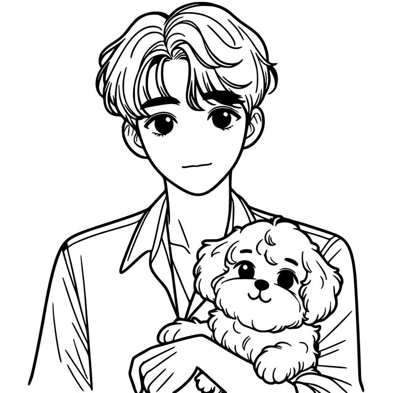handsome korean boy holding cute dog