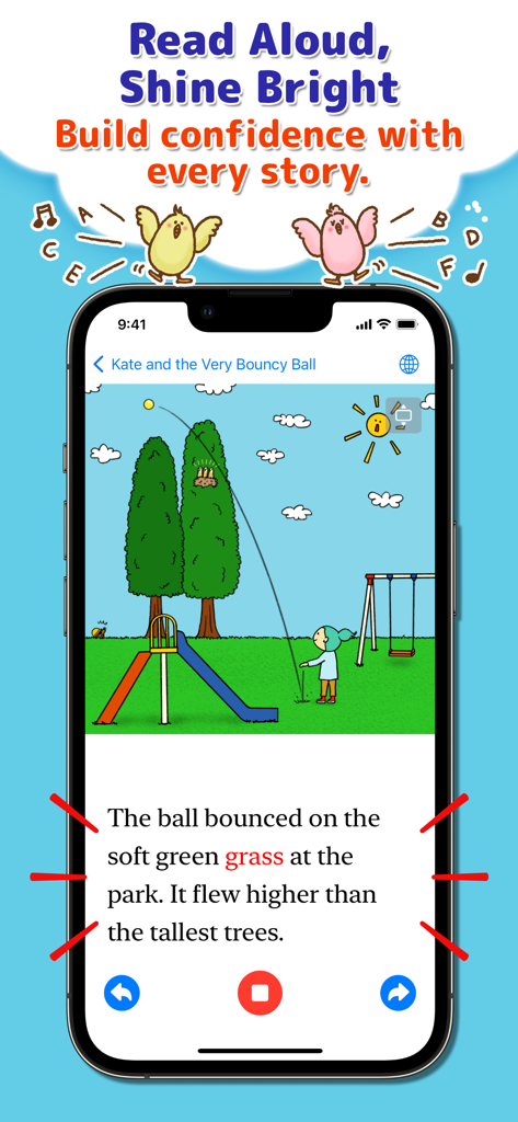Phonics Readers for kids - iPhone screen displaying a childrens story in the Phonics Readers app with a colorful playground illustration and highlighted text for reading aloud