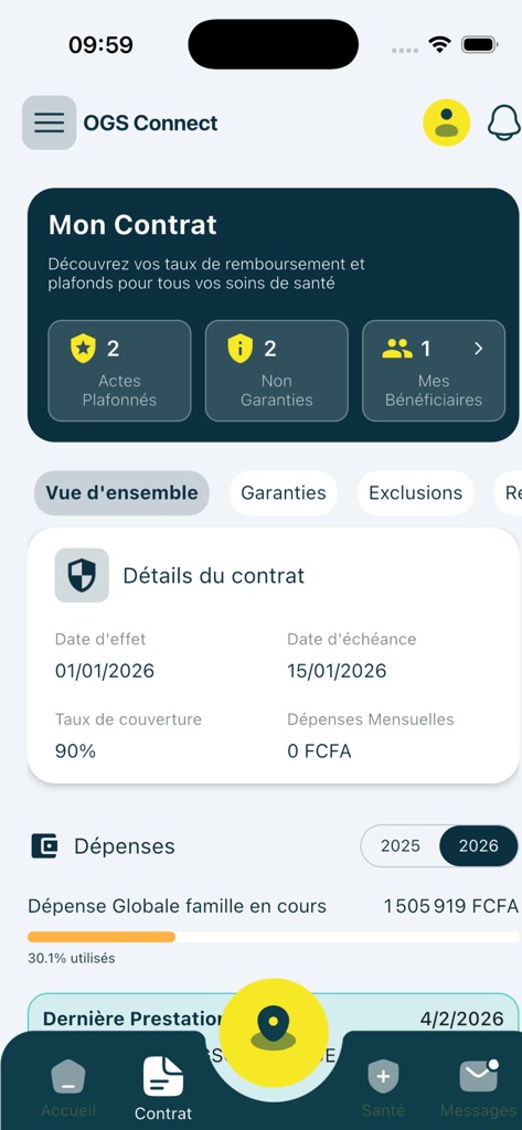 OGS Connect - Aplicativo OGS Connect mostrando detalhes do contrato de seguro saúde, incluindo taxas de cobertura e acompanhamento de despesas familiares.