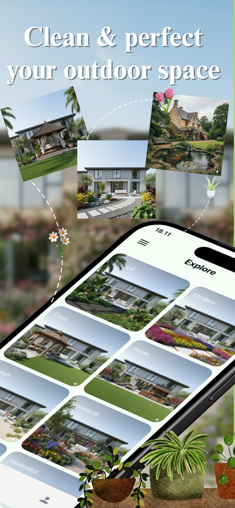AI Garden Design Pro 3D app interface showing different landscaping styles like Tropical Cozy and Asian for outdoor space inspiration