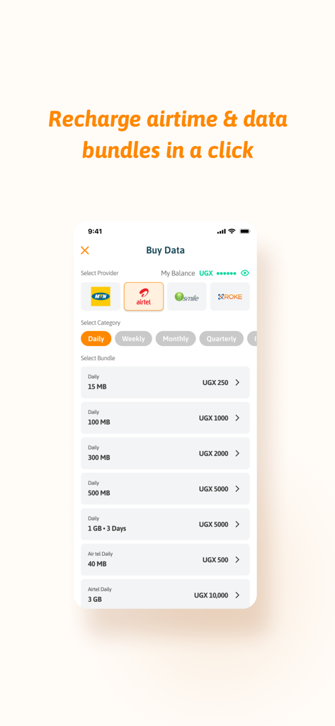 SafeBoda with SafeCar - Mobile app interface for recharging airtime and data bundles with various providers