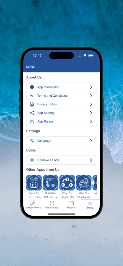 The menu screen of the Online Lu Ban Ruler mobile application featuring settings, language options, and app information.