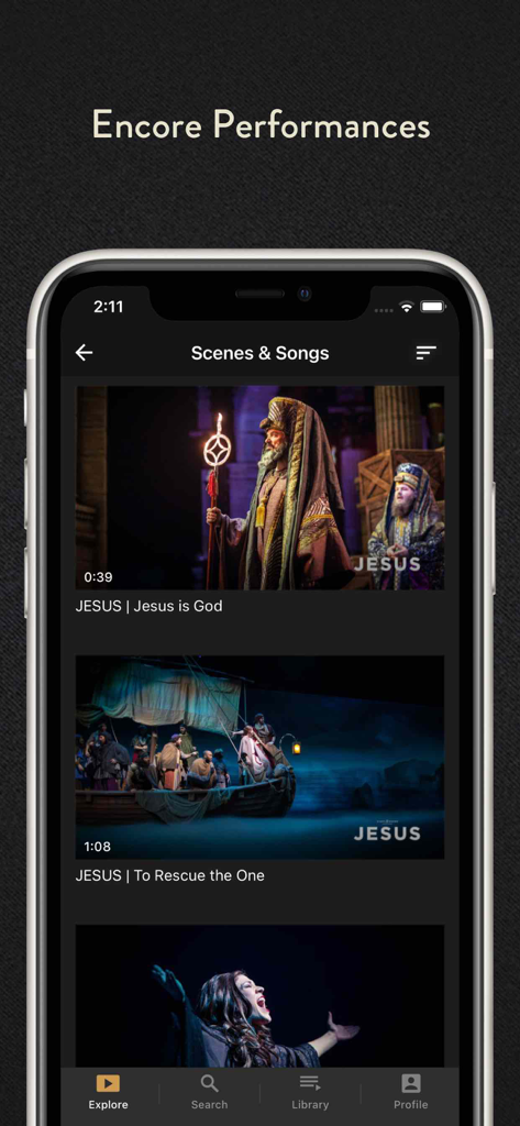 Interface of the Sight and Sound TV app showing a selection of scenes and songs from biblical stage productions.