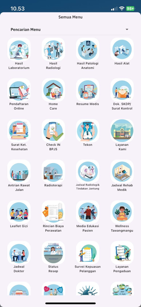 Service menu of Klik Sardjito Aja app showing various hospital portal features for RSUP Dr. Sardjito patients