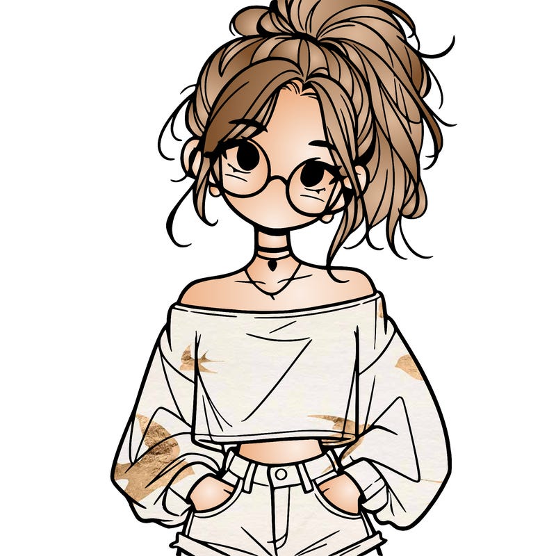 girl with a messy ponytail glasses a baggy crop top and jean shorts