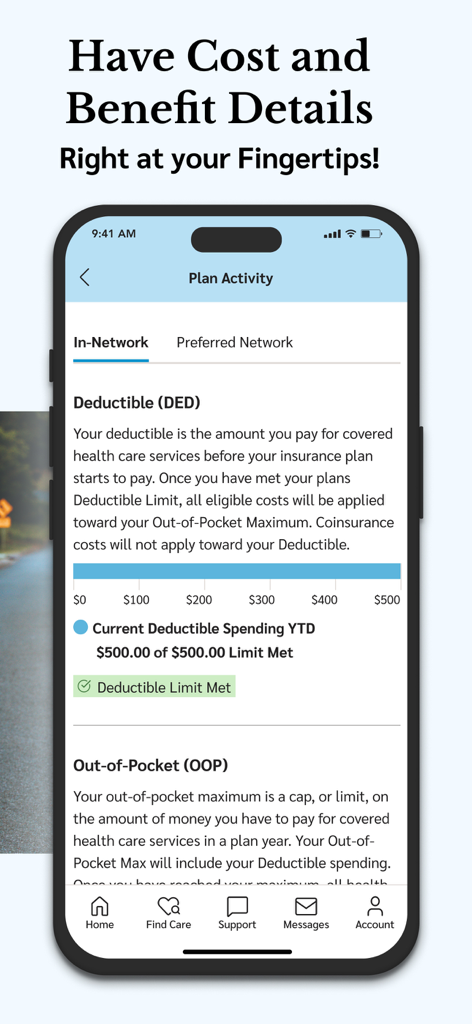Bildschirm der Florida Blue App, der Planaktivitäten mit Selbstbehalts- und Zuzahlungsdetails anzeigt.