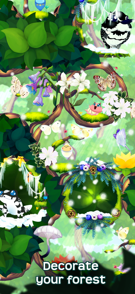 Flutter: Butterfly Sanctuary - A lush rainforest scene with butterflies, flowers, and forest creatures from the game Flutter Butterfly Sanctuary with the text Decorate your forest