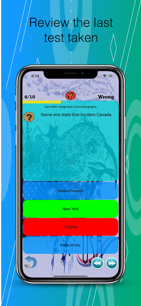 USA Citizenship Test 2026 - USA Citizenship Test 2026アプリのスクリーンショットで、米国地理に関する市民権の質問のレビューを表示。
