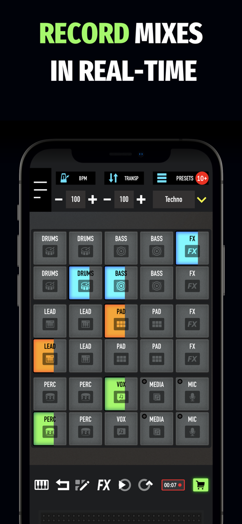 A mobile DJ mixer app interface with a 30-pad grid for creating electronic music and recording mixes in real-time