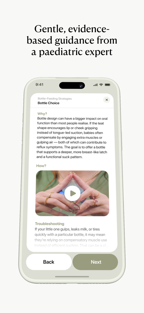 Baby Reflux Guide - Baby Reflux Guide app screen showing expert advice on bottle choice and feeding mechanics for infants