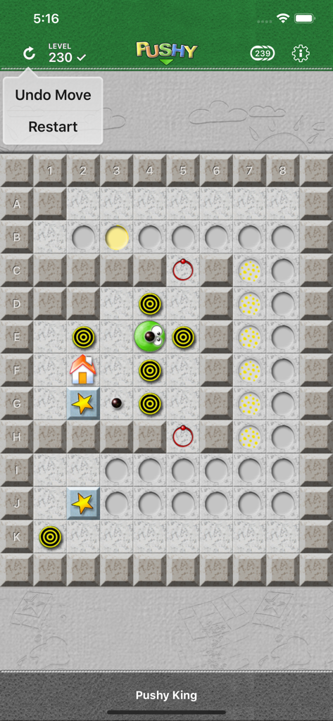 PUSHY - The Original - Ein Gameplay-Screenshot von Pushy The Original, der die grüne Figur auf einem gitterbasierten Logik-Puzzle auf Level 230 mit Rückgängig- und Neustartoptionen zeigt.