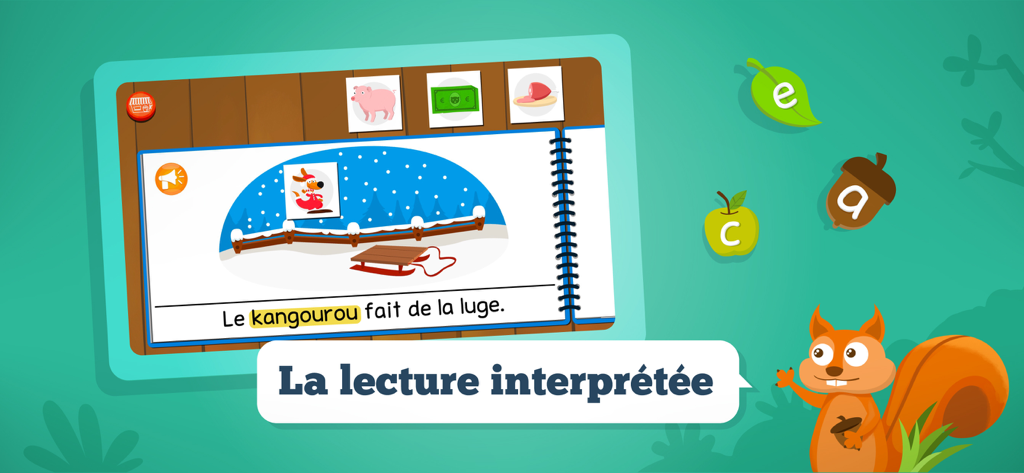 Interfaz de juego educativo para aprender a leer frases en francés con un canguro en un trineo