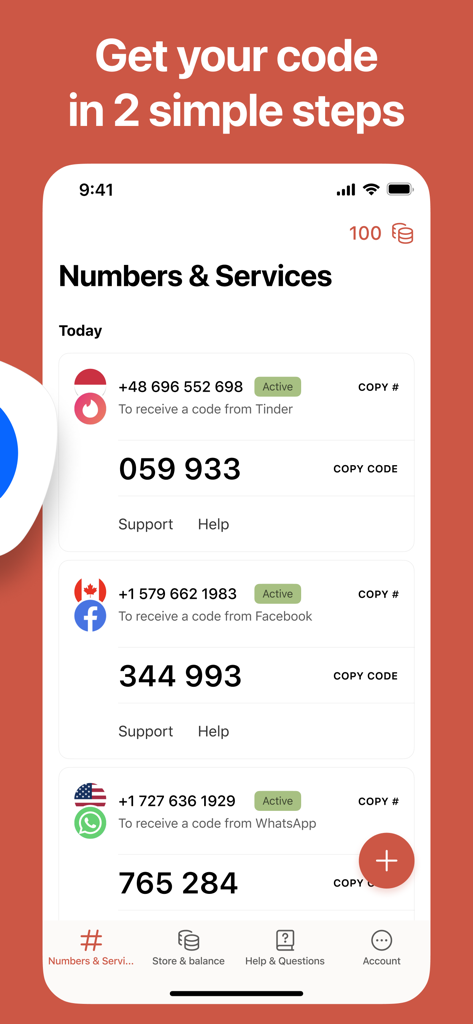 SMS Virtual: Temp Phone Number - Dashboard showing multiple virtual phone numbers and received SMS verification codes for Tinder Facebook and WhatsApp